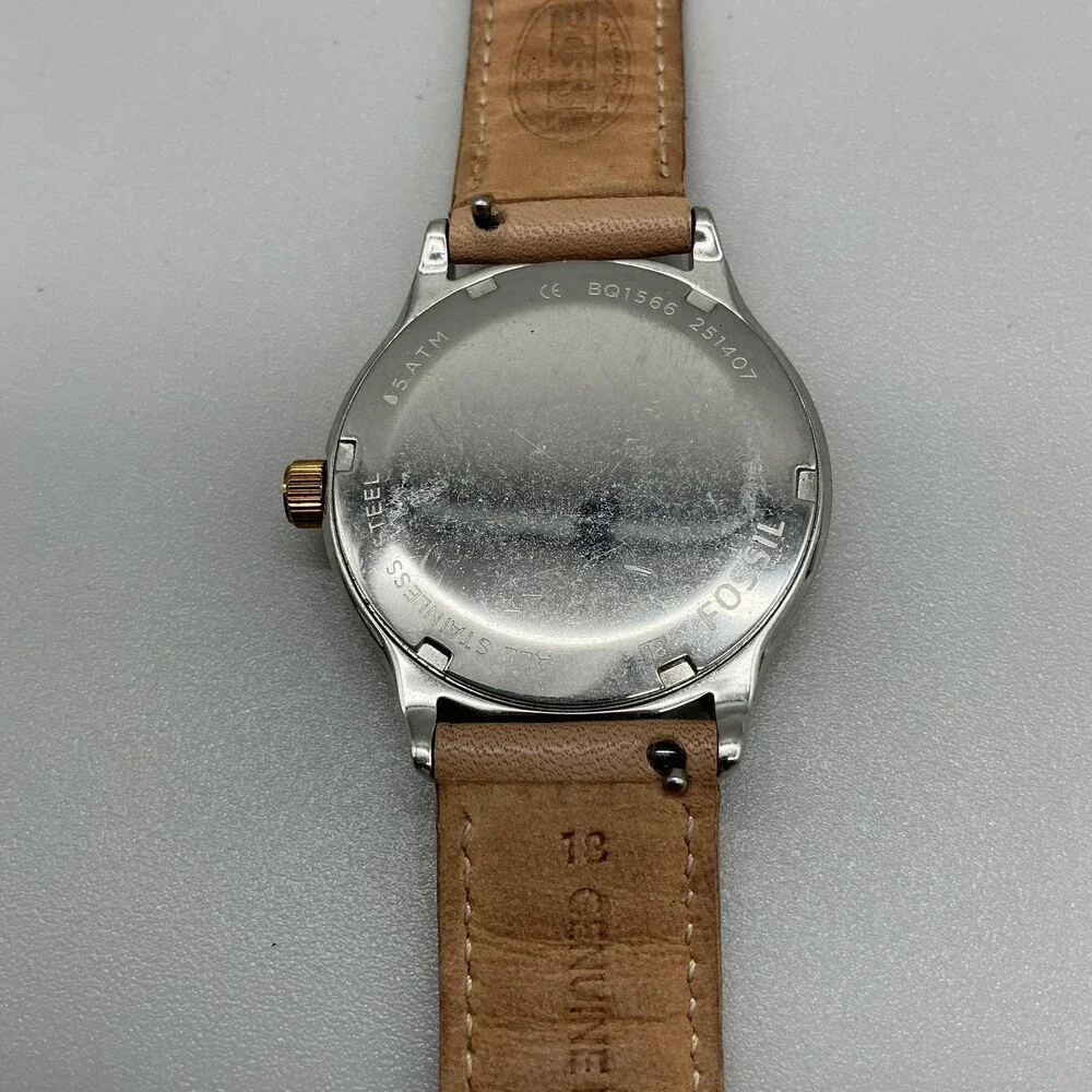 Fossil Womens Watch 36mm Rose Gold Tone Beige Leather Day Date New Battery